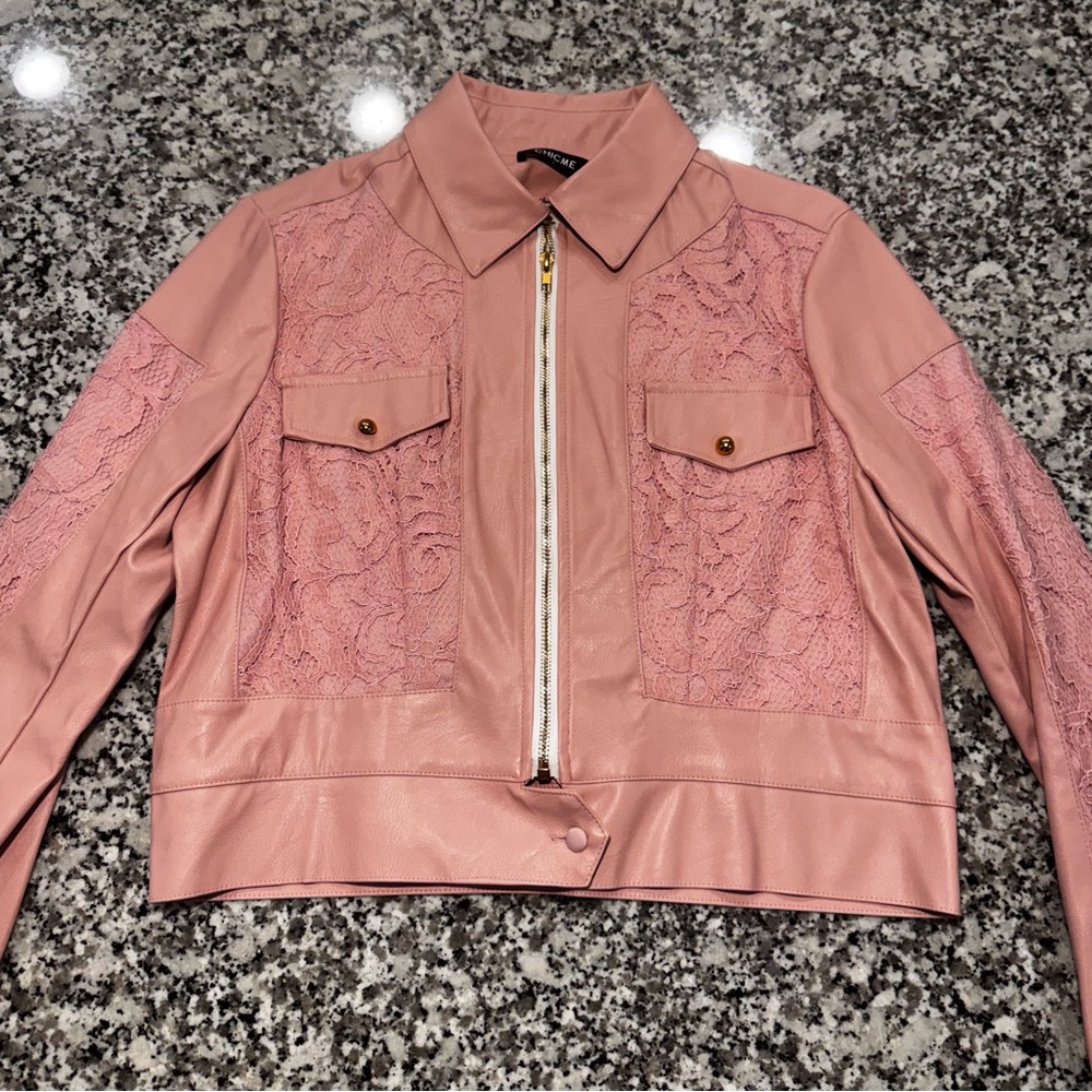 CHICME Faux Leather Lace-Panel Pink Jacket and Shorts